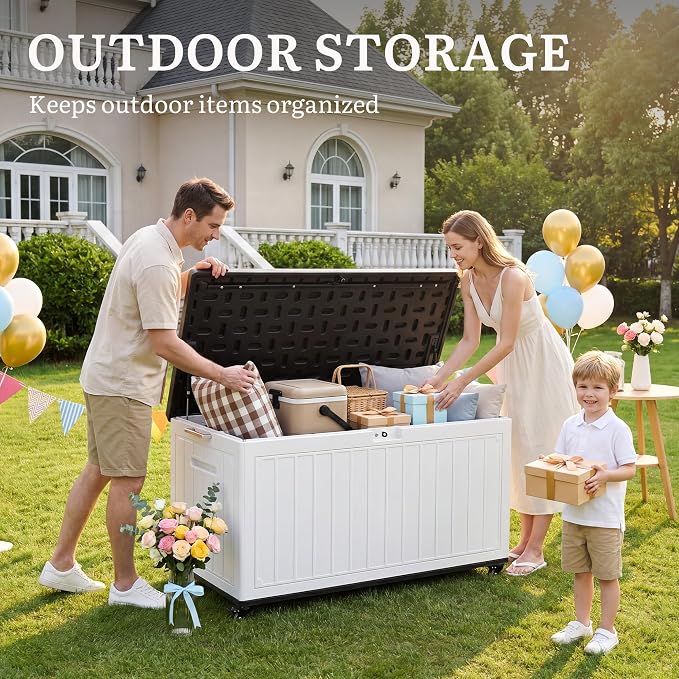 YITAHOME 90 Gallon Outdoor Storage Box with 6 Swivel Wheels & Dual Wooden | Large Double-Wall Resin Deck Box, Lockable Waterproof Patio Organizer for Furniture, Cushions, White & Black