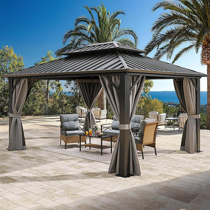 YITAHOME 10x12ft Hardtop Gazebo with Nettings and Curtains Heavy Duty | Double Roof Galvanized Steel Outdoor Combined of Vertical Stripes Roof for Patio, Backyard, Deck, Lawns, Gray