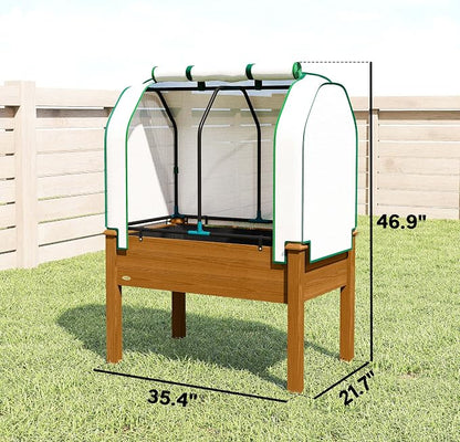 Outsunny Raised Garden Bed with PE Greenhouse Cover Outdoor Elevated Wood Planter Box for Herbs and Vegetables, Use for Patio, Backyard, Balcony, 35 x 22 x 47 inch, Brown