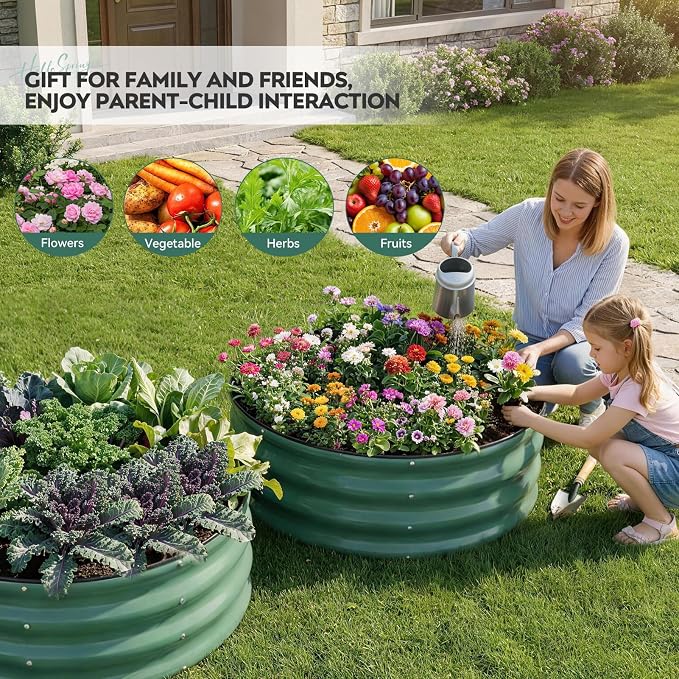 Galvanized Raised Garden Bed Outdoor, Round Metal Planter Boxes 2 Pcs, 3x3x1ft Steel Raised Bed Kit for Planting Vegetables, Fruits, Flowers(LotusGreen)