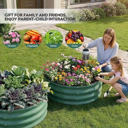 Galvanized Raised Garden Bed Outdoor, Round Metal Planter Boxes 2 Pcs, 3x3x1ft Steel Raised Bed Kit for Planting Vegetables, Fruits, Flowers(LotusGreen)