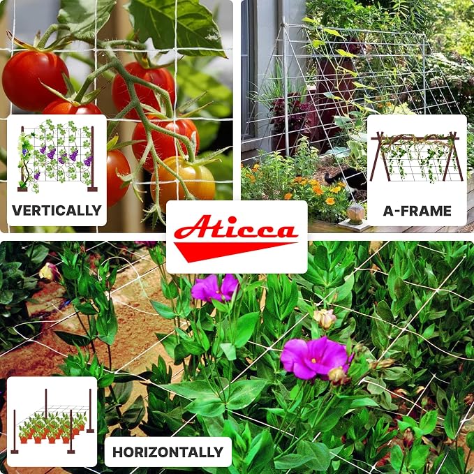 ATICCA Trellis Netting 6.5 x 350 ft Heavy Duty Polyester Plant Support Netting White - 6 Inch Garden Rope Trellis on Roll - Mesh Twine for Growing Vine Climbing Plants, Flowers, Peas, and Tomatoes.