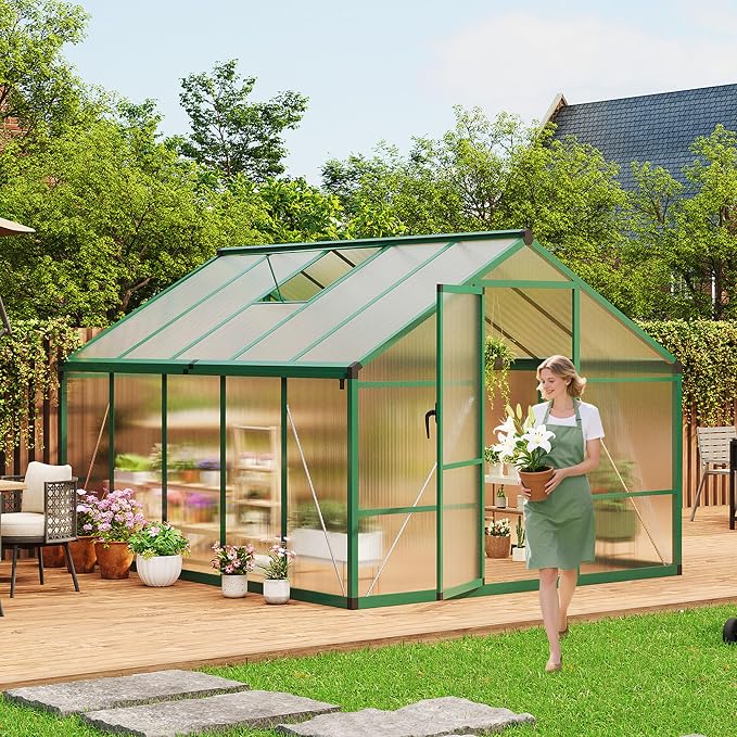 Garvee 8 x 10 FT Greenhouse, Greenhouses for Outside, Polycarbonate Greenhouse with Aluminum Frame, Lockable Door and Ajustable Roof Vent for Backyard, Green Houses for Outside Garden Backyard, Patio
