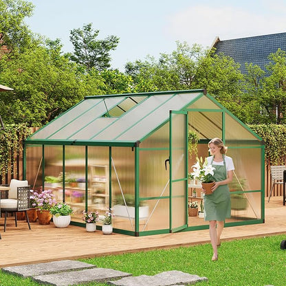 Garvee 8 x 10 FT Greenhouse, Greenhouses for Outside, Polycarbonate Greenhouse with Aluminum Frame, Lockable Door and Ajustable Roof Vent for Backyard, Green Houses for Outside Garden Backyard, Patio