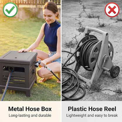 Relhost Hose Reel, Heavy Duty Metal Deck Box Hideaway Holds 125 ft x 5/8" Hose, Garden Hose Reel with Never-Leak System, Manual Crank Handle, Hose Guide, Ideal for Yards, Patios, and Garden Sheds