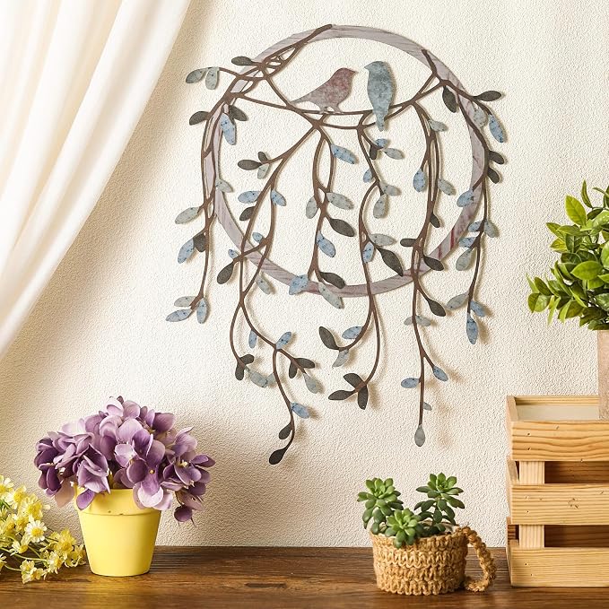 Ferraycle Metal Wall Art Bird on Tree Branch Silhouette with Drooping Vines Bird Art Decor Rustic Metal Spring Decor for Living Room Outdoor Garden Porch Wall Housewarming Party Gift(Dark Color)