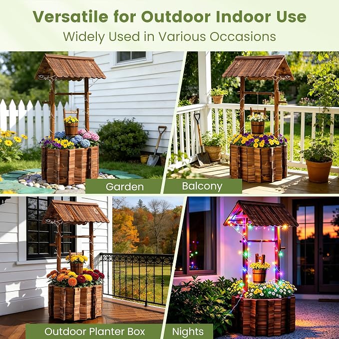 54" Outdoor Garden Wishing Well Planter with LED Lights | Rustic fir wood decor with 11 light modes, timer, adjustable bucket, drainage base, and liner for Yard, Patio, Backyard
