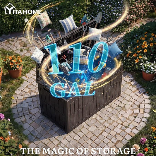 YITAHOME 110 Gallon Outdoor Deck Box | Waterproof Resin Storage Box with Lock, Lockable Patio Furniture Bin, 2-Person Bench Seating for Outdoor Cushions, Garden