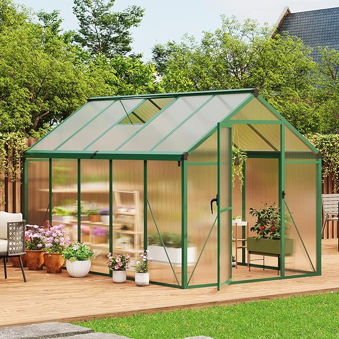 6x10 ft Walk-in Greenhouse, Polycarbonate Panels with Reinforced Aluminum Frame, Large Garden Green House for Planting and Seed Starting, Quick-Assembly Structure with Adjustable Roof Vent