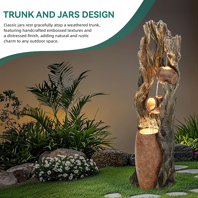 42.7" 3-Tier Outdoor Water Fountain LED Tree Trunk Jar Waterfall | vintage terra-cotta pots, patio backyard garden,Serene Relaxing Porch Decor