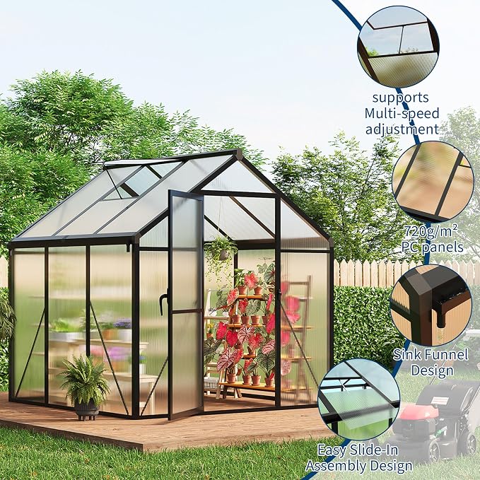 6x6 ft Walk-in Greenhouse, Polycarbonate Panels with Reinforced Aluminum Frame, Large Garden Green House for Planting and Seed Starting, Quick-Assembly Structure with Adjustable Roof Vent