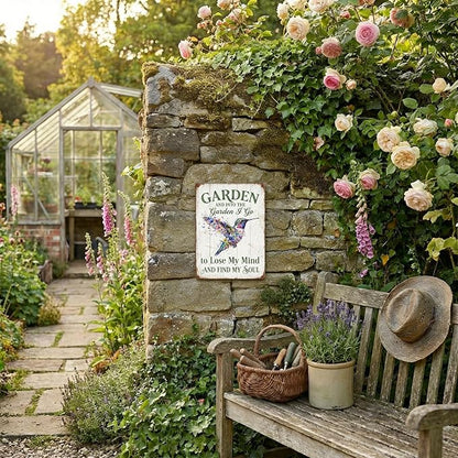Garden Decor Sign Into the Garden I Go Hummingbird Wall Art | Garden Enthusiasts • Patio Porch Display • Garden Theme • Floral Hummingbird Design • UV Printed • 8x12 Inch