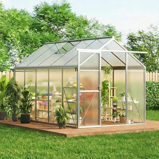 6x10 FT Greenhouse, Easy Assembly Aluminum Polycarbonate Greenhouses for Outdoors with Roof Vent, Large Aluminum Walk-in Greenhouse for Sunroom Patio, Backyard, Garden, Sliding Lockable Door, Silver