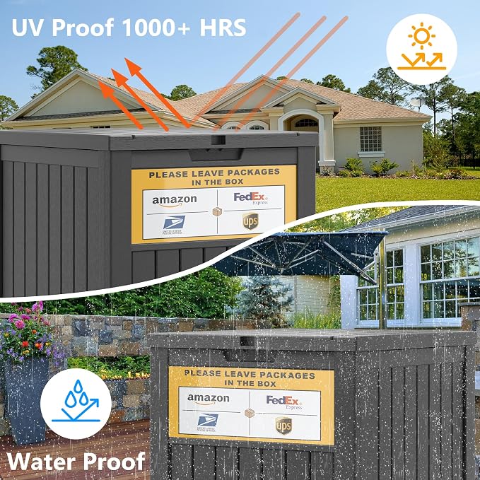 LHBGO Package Delivery Box for Outside with Sign, 48 Gallon Storage with Lockable Secure, Large Double Wall Resin Outdoor Package Delivery Waterproof