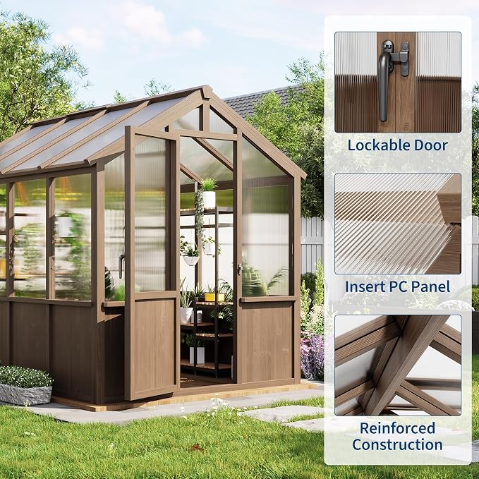 Garvee 6x8 FT Wooden Greenhouse - Walk-in Greenhouses for Outdoors, Large Spruce Frame Green House with PC Panels, Adjustable Roof Vents & Lockable Door, Green Houses for Garden,Backyard,Patio,Lawn
