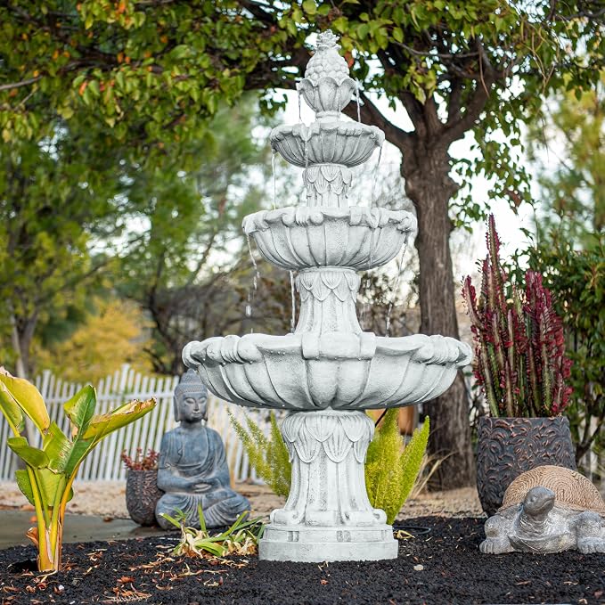 XBrand 58.3" 3-Tier Outdoor Freestanding Water Fountain - Classic Leaf Design, White Resin, Large Bird Bath with Pump - Ideal for Yard, Lawn and Garden, Porch Décor
