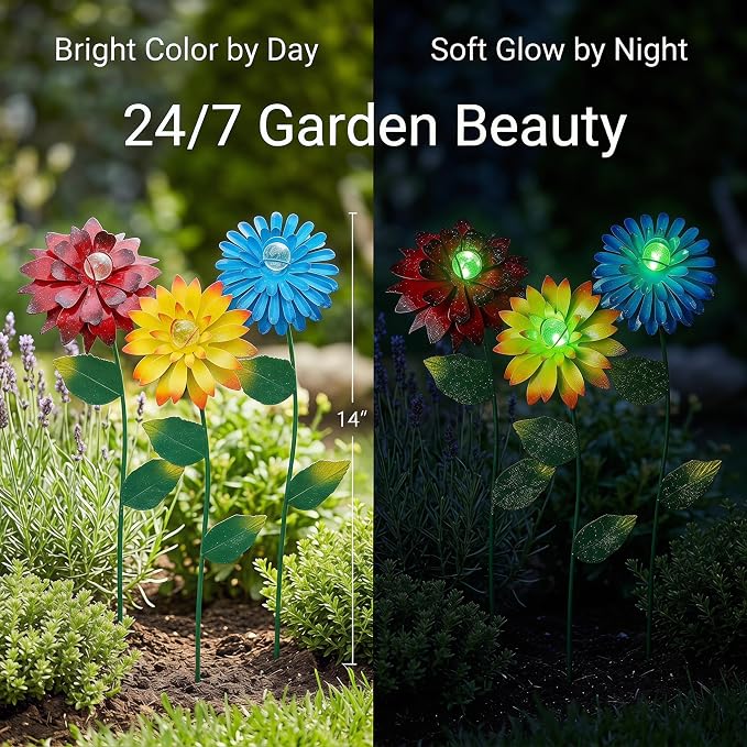 14 Inch Glow in The Dark Flower Garden Stakes, 3 Pack Colorful Metal Yard Decor with Luminous Beads, Outdoor Night Glow Garden Stakes for Lawn, Patio & Flower Beds