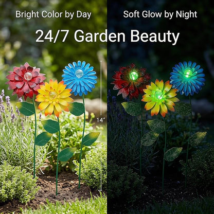 14 Inch Glow in The Dark Flower Garden Stakes, 3 Pack Colorful Metal Yard Decor with Luminous Beads, Outdoor Night Glow Garden Stakes for Lawn, Patio & Flower Beds