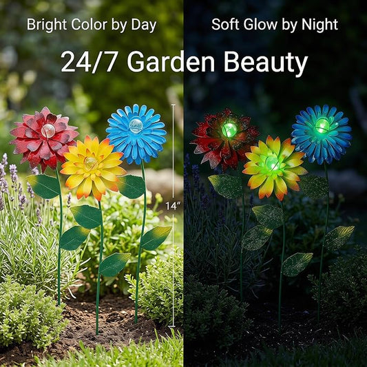 14 Inch Glow in The Dark Flower Garden Stakes, 3 Pack Colorful Metal Yard Decor with Luminous Beads, Outdoor Night Glow Garden Stakes for Lawn, Patio & Flower Beds