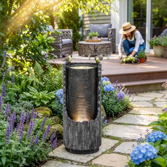 Autodaya Outdoor Water Fountain 32" Distressed Fluted Column with Lights | polyresin concrete-inspired water feature with bird sculpture, gentle cascading flow for garden, patio, deck or yard oasis
