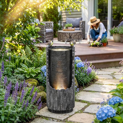 Autodaya Outdoor Water Fountain 32" Distressed Fluted Column with Lights | polyresin concrete-inspired water feature with bird sculpture, gentle cascading flow for garden, patio, deck or yard oasis