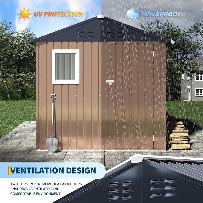6x4 FT Outdoor Metal Storage Shed with Window – Lockable Doors & Air Vents, Large Garden Tool Shed for Backyard, Patio, Lawn