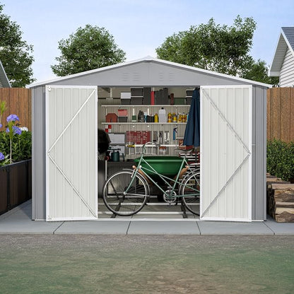 YOPTO 12X10 FT Metal Outdoor Storage Shed W/Floor & Lockable Door,Gray | Galvanized Steel Garden Shed W/ 4 Air Vents,Sloped Roof,Reinforced Structure,All Weather Waterproof for Patio,Backyard,Lawn