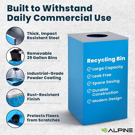 Alpine Commercial Indoor Recycle Bin - 29 Gallon Blue Recycle Bin Recycle Trash Can Office Recycling Bins, Metal Recycling Container with Stickers & 3 Optional Lids (lid Sold Separately)