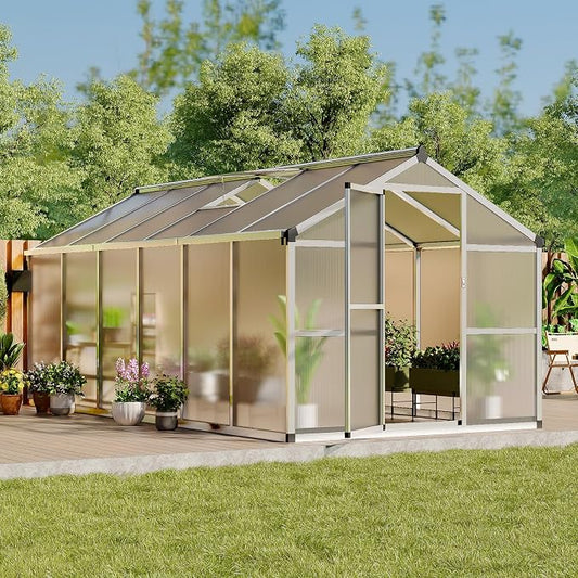 8X12 FT Greenhouse, Greenhouses for Outside, Aluminum Frame Polycarbonate Panels with Sliding Lockable Door and Ajustable Roof Vent, Spacious Walk-in Design for Backyard, Garden, Patio, Silver