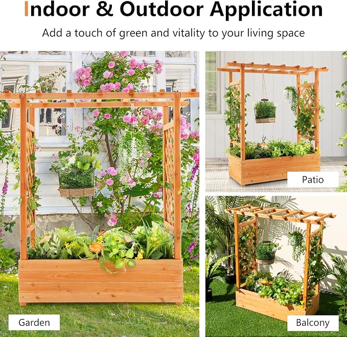 ORALNER Raised Garden Bed with Trellis, Wooden Planter Box with Climbing Frame, Outdoor Elevated Garden Box for Vegetables, Herbs, Flowers, Fruits (Small)
