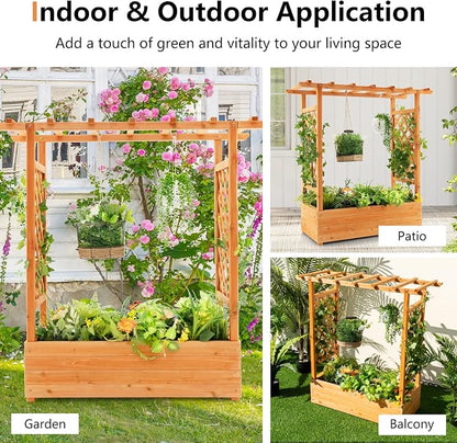 ORALNER Raised Garden Bed with Trellis, Wooden Planter Box with Climbing Frame, Outdoor Elevated Garden Box for Vegetables, Herbs, Flowers, Fruits (Small)