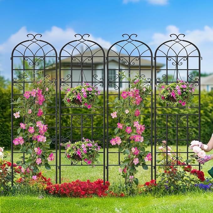 4-Pack 87" x 20" Butterfly Arch Black Metal Garden Trellises | Four rust-resistant metal trellises with butterfly arches, scrollwork, stakes, and support for roses, vines, or vegetables