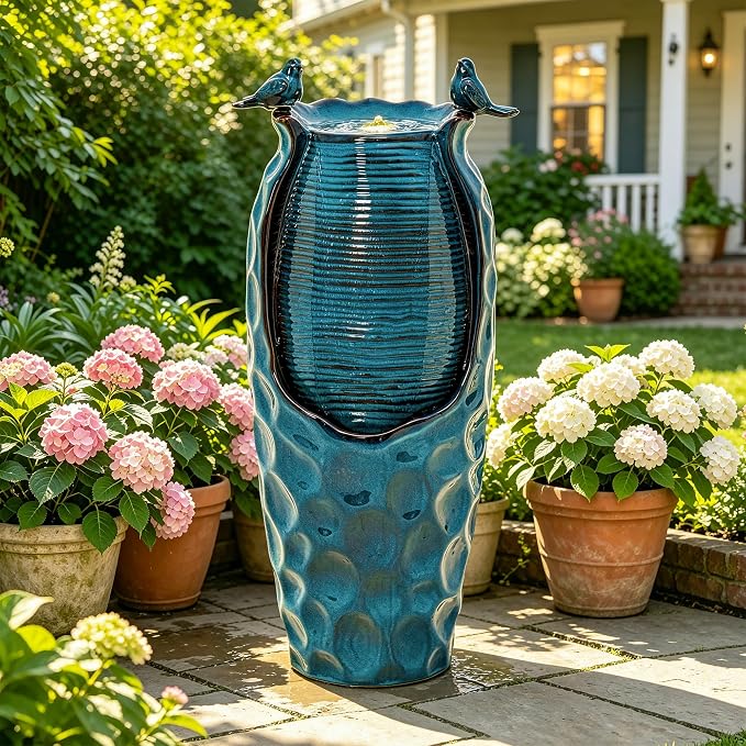 Autodaya 33" Vase Ceramic Outdoor Water Fountain with Lights and Birds | teal blue glazed water feature with textured design, ambient soothing cascading water flow for garden patio yard sanctuary