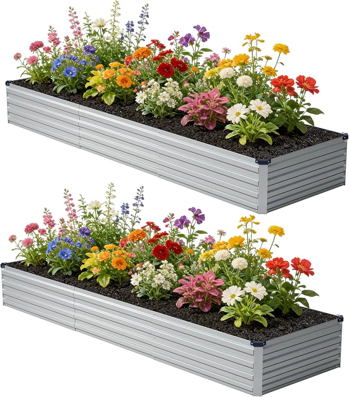zunatu 12x2x1 ft(2 Pack) Galvanized Raised Garden Bed,Outdoor Planter Box Metal Patio Kit Planting Bed for Vegetables Flowers and Succulents,Silver