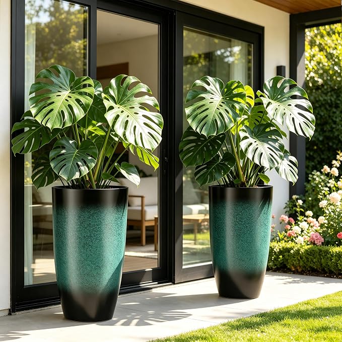 Autodaya 23.8" Tall Outdoor Planters Set of 2 Flower Pot for Outdoor Plants | Faux Ceramic Large Planters with Drainage Hole, Gradient Turquoise Glaze, Weather-Resistant for Garden Patio Porch Home Decor