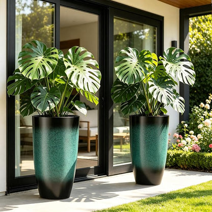 Autodaya 23.8" Tall Outdoor Planters Set of 2 Flower Pot for Outdoor Plants | Faux Ceramic Large Planters with Drainage Hole, Gradient Turquoise Glaze, Weather-Resistant for Garden Patio Porch Home Decor