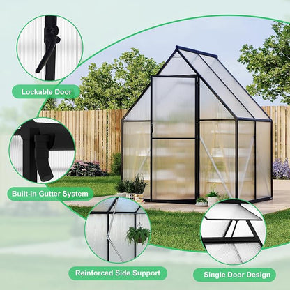 GarveeLife 6X4FT Polycarbonate Greenhouse with Aluminum Frame, Polycarbonate Greenhouse for Outdoors, Greenhouses with Ventilation and Rain Gutter, Aluminum Large Walk-in Greenhouses for Outside