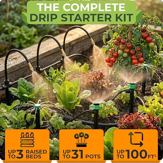 CARPATHEN Drip Irrigation System Kit - Pressure Optimised Garden Watering System w 15pcs 360° Atomizing Nozzles, 16 Adjustable Drip Emitters 5/16 and 1/4 Tubing - Complete Watering Spray System
