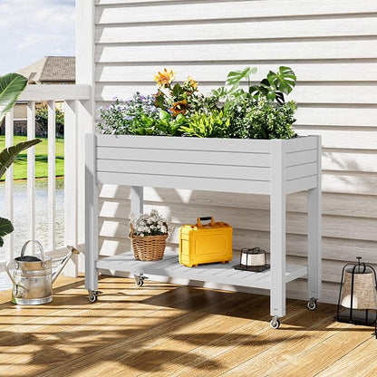 33.7" Tall Raised Garden Bed with Wheels, Divisible Resin Planter Box with Drainage Gauge & Storage Shelf, Herb Planter for Garden Patio Backyard, Medium Ashen (33.7" h)