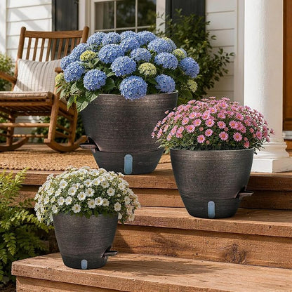 ZMTECH 12/10/8 In Self Watering Pots for Indoor/Outdoor Plants,3 Pack Bronze Large Plastic Planter with Water Level Indicator, Drainage Hole & Removable Saucer for Garden Flowers, Deco Plant Container