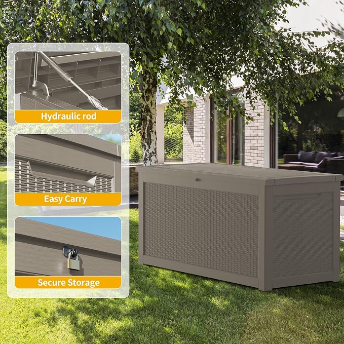 325 Gallon Outdoor Storage Box Waterproof, Lockable Resin Deck Box Large Storage Bin for Patio Furniture Cushion, Garden Tools, Pool Accessories, UV-Resistant Outside, Grey