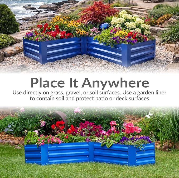 Sunnydaze Galvanized Raised Garden Bed - Outdoor Planter Box for Backyard or Patio - Steel Metal Raised Bed for Gardening Vegetables, Flowers, Herbs - 47 x 47 x 12 in - Blue - L-Shaped