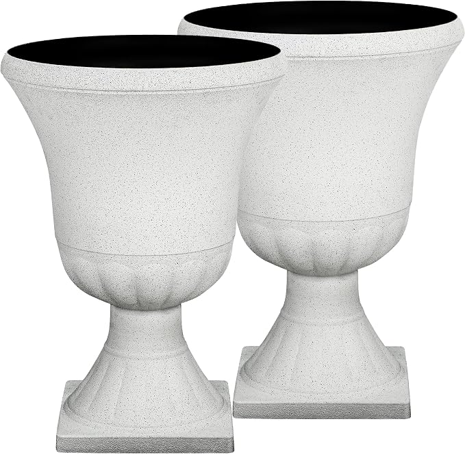 Autodaya 22" White Terrazzo Urn Planters Set of 2 Plastic Flower Pots | Timeless Large Outdoor Planters with Drainage Holes for Porch, Patio, Garden, or Christmas Decor