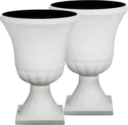 Autodaya 22" White Terrazzo Urn Planters Set of 2 Plastic Flower Pots | Timeless Large Outdoor Planters with Drainage Holes for Porch, Patio, Garden, or Christmas Decor