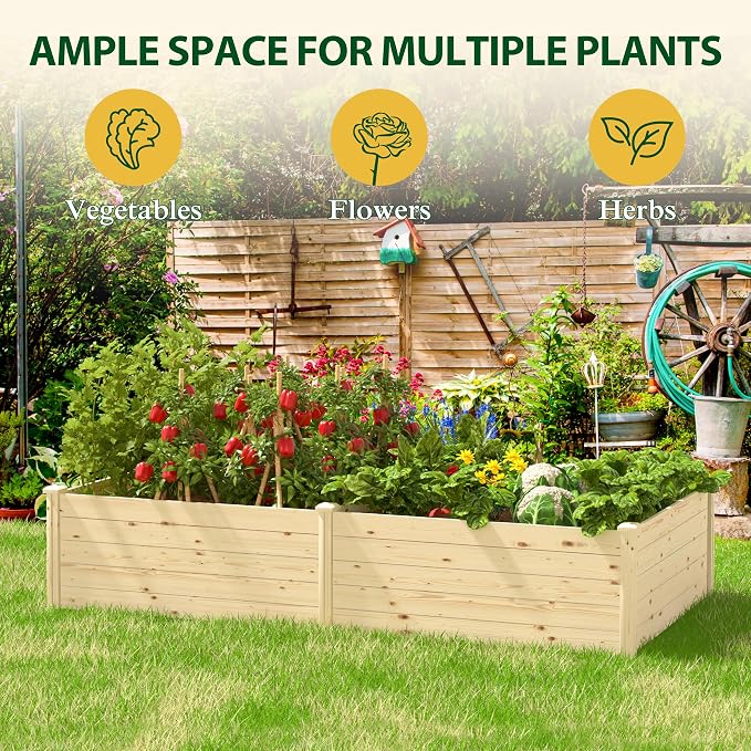 MUPATER 8x4x1.5 FT Wooden Raised Garden Bed, 43 Cubic Feet Outdoor Plant Box with Mortise & Tenon Design, Deep Raised Garden Bed for Herbs, Vegetables and Flowers, Garden, Natural Wood