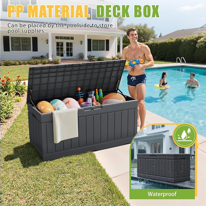 Greesum Outdoor Storage Box 82 Gallon Storage Bin with Lid for Patio Furniture, Garden Tools, Pool Supplies, Waterproof and UV Resistant, Lockable, Gray
