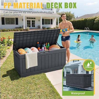 Greesum Outdoor Storage Box 82 Gallon Storage Bin with Lid for Patio Furniture, Garden Tools, Pool Supplies, Waterproof and UV Resistant, Lockable, Gray