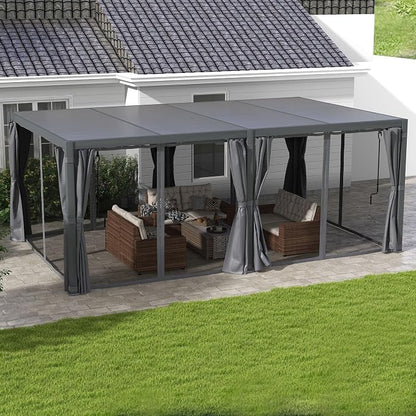 Outsunny 12' x 19' Louvered Pergola Hardtop Gazebo with Adjustable Aluminum Roof and Frame, Outdoor Pergola with Curtains and Netting, for Garden, Lawn, Backyard, and Deck, Dark Gray