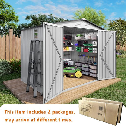 8X6 FT Storage Shed, Metal Outdoor Garden Tool Shed with Pitched Roof Waterproof with Window and 2 Lockable Door,Vents,for Garden Tool Storage, Sundries and Bike Storage,White+Gray