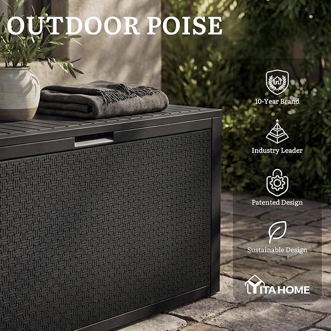 YITAHOME 95 Gallon Outdoor Storage Deck Box | Waterproof Resin Deck Box w/Handles, Lockable Outdside Deck Box for Patio Furniture, Garden Tools, Lockable & UV